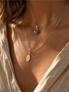 Gold Tone Evil Eye Hamsa Hand Pendant Necklace Set Layering Jewelry 2 Piece
